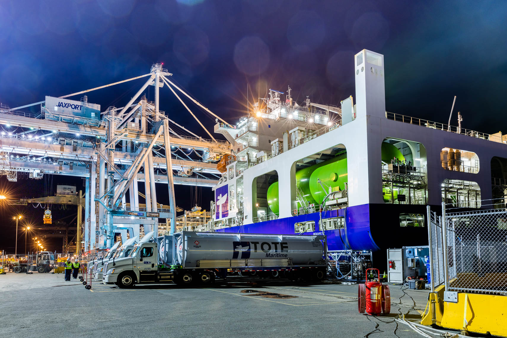 A port at night.