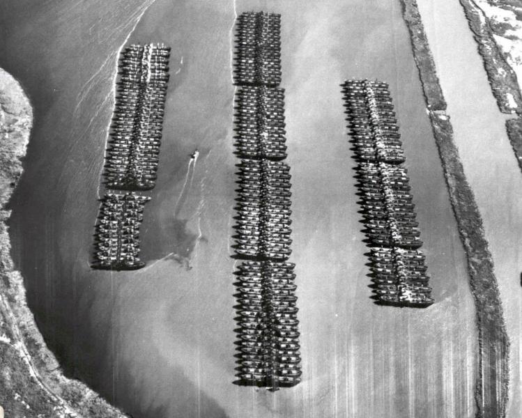 An aerial view of the Beaumont Reserve Fleet, with Neches River on the right. Date unknown.