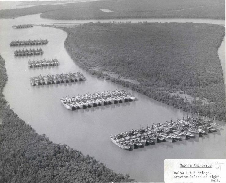 Aerial view of the Mobile Reserve Fleet anchorage, 1964.