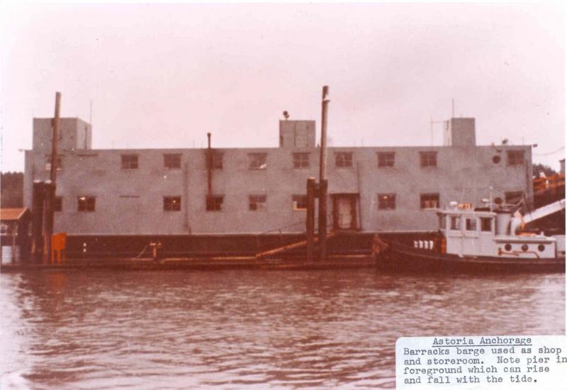 A repurposed barracks barge, used as a shop and storeroom at the Astoria NDRF Anchorage