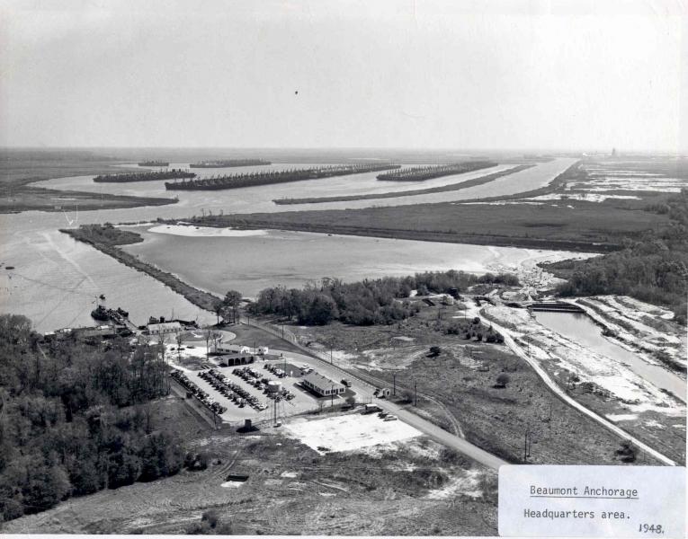 An aerial view of the Beaumont Reserve Fleet headquarters buildings in 1948.