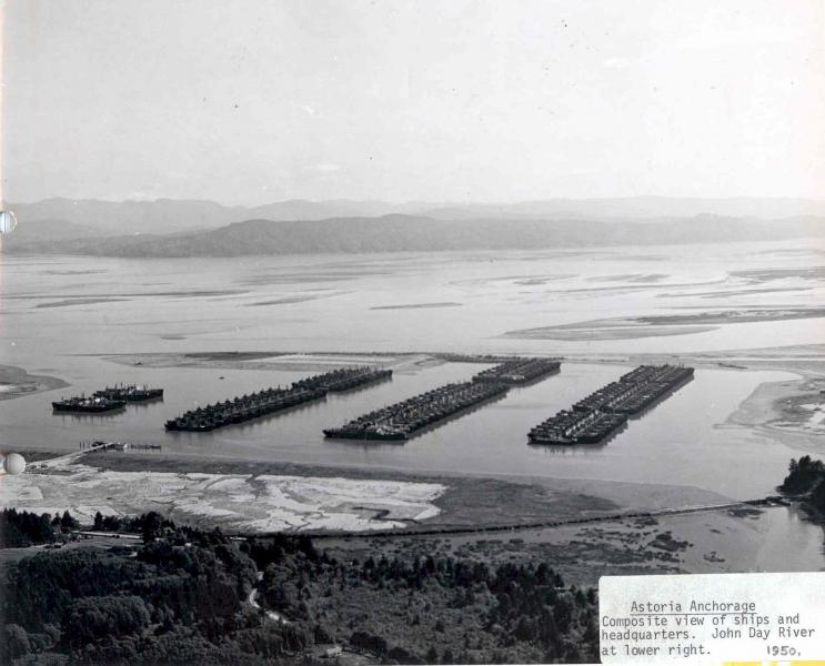 An aerial view of the NDRF Anchorage near Astoria Oregon in 1950.