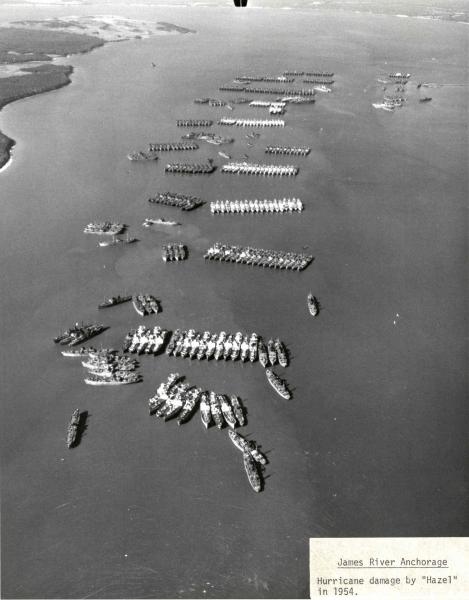 Aerial view of James River Reserve Fleet after Hurricane Hazel, 1954.