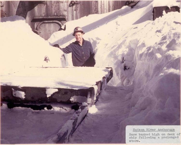 Snow on the deck of a ship in the Hudson River Reserve Fleet.
