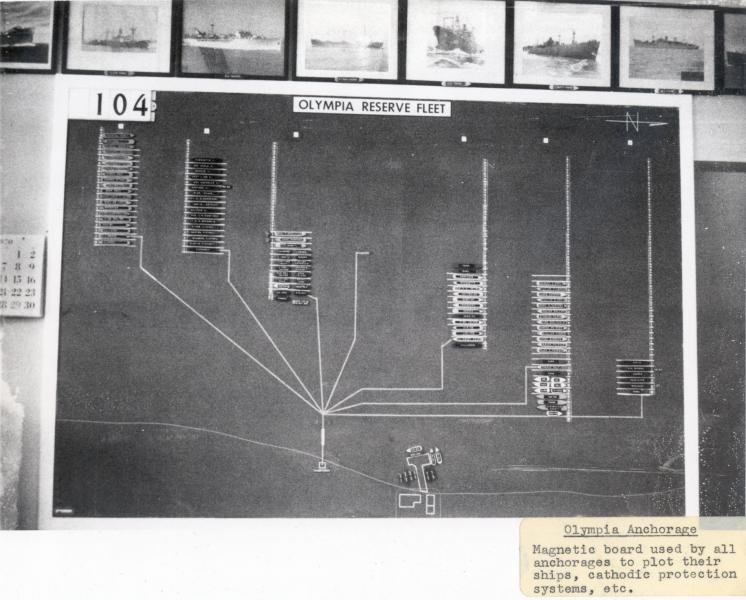 Olympia Reserve Fleet anchorage plotting board. Date unknown.