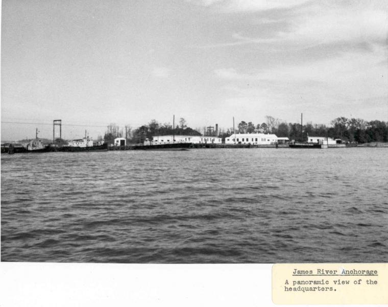 A view of the James River Reserve Fleet headquarters area from offshore. Date unknown.