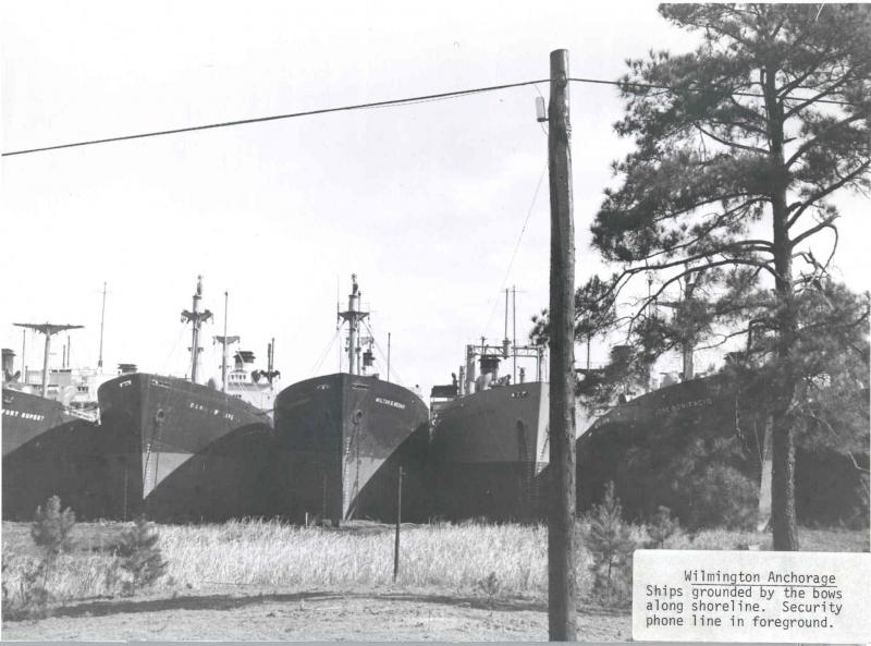 Wilmington Reserve Fleet ships with bows intentionally grounded. Date unknown.