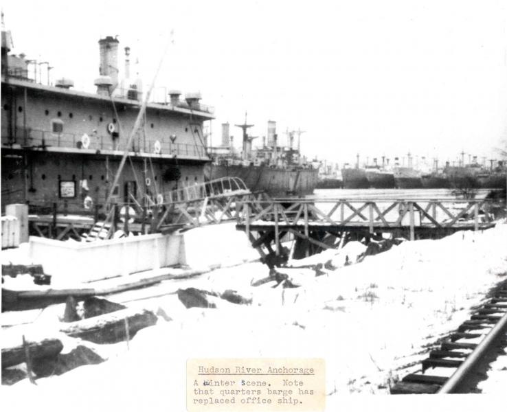 Hudson River Reserve Fleet office barge during the winter. Date unknown.