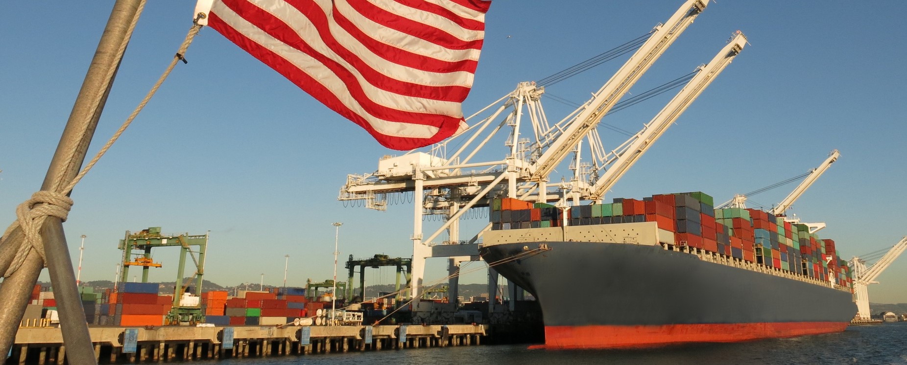 Cargo Ship in Port American Flag