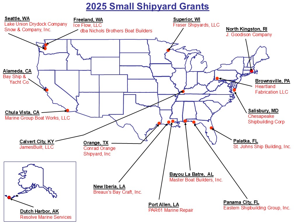 Map showing the grant recipients for the FY 2025 Small Shipyard Grant Program