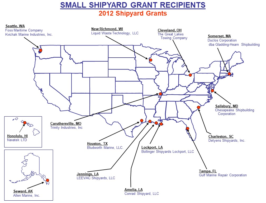 Map of the 2012 Small Shipyard Grant Awardees