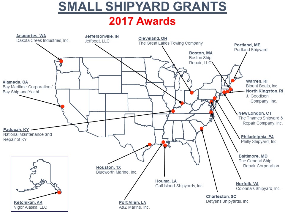 Map of the 2017 Small Shipyard Grant Awardees