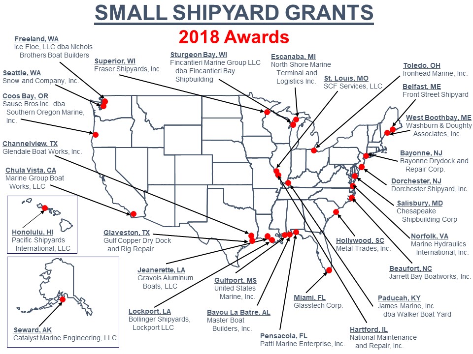 Map of the 2018 Small Shipyard Grant Awardees