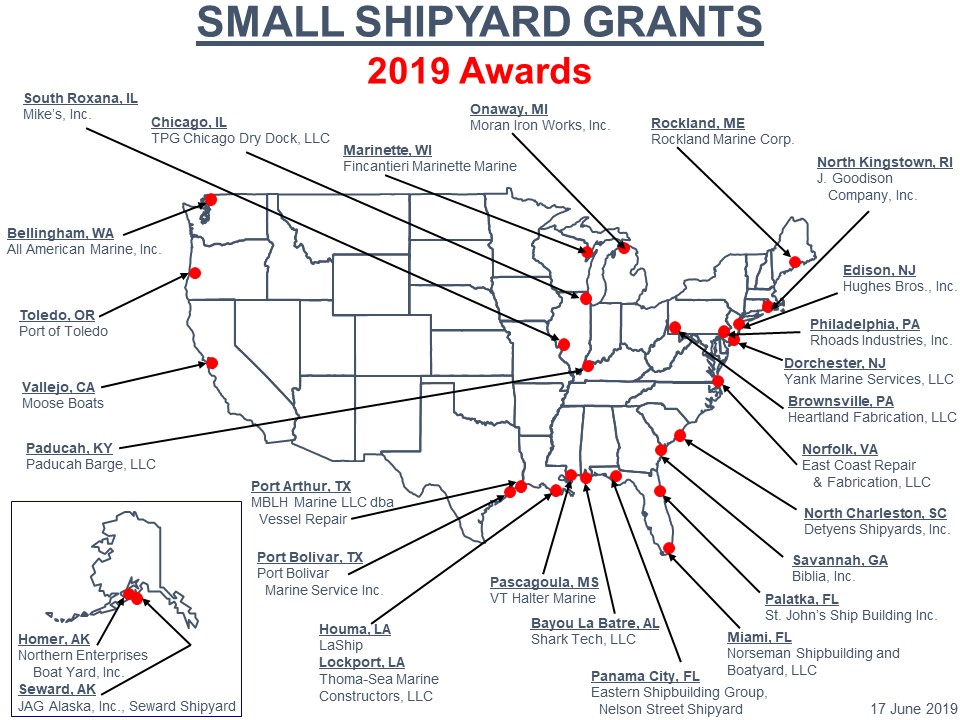 Map of the 2019 Small Shipyard Grant Awardees