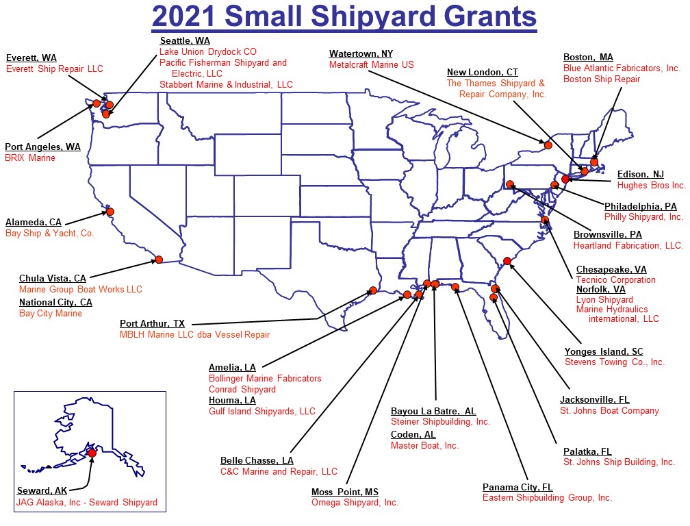 Map of the 2021 Small Shipyard Grant Awardees