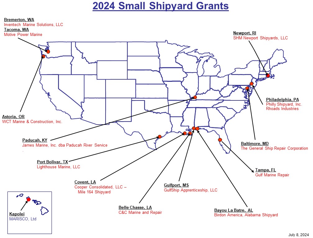 Map of the 2024 Small Shipyard Grant Awardees
