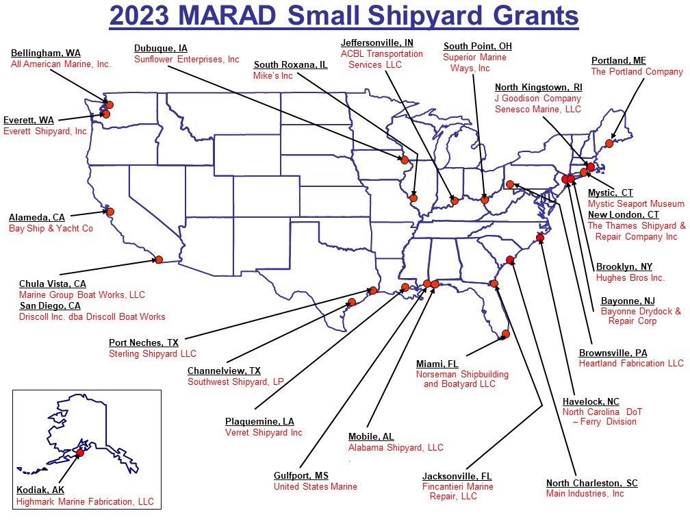 Map of the 2023 Small Shipyard Grant Awardees