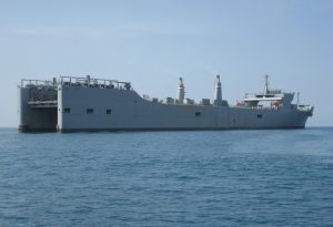 SS Cape May off the coast of Haiti, January 2010. Note the aft elevator used to lower Navy’s Improved Navy Lighterage System. Photograph by John Spears, Maritime Administration.