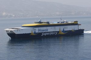 MV Huakai, a high-speed cargo and passenger ferry, arriving in Haiti, January 2010. Photograph by John Spears, Maritime Administration.