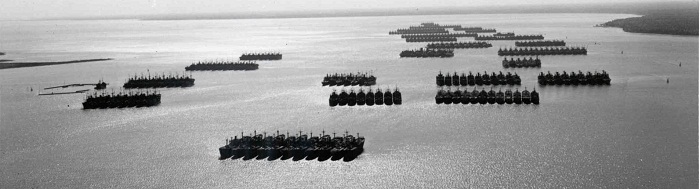 A historic photograph of a defense reserve fleet.