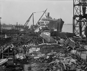 Steel and machinery being salvaged from a wooden cargo ship by Western Marine & Salvage Company, Alexandria, Virginia.