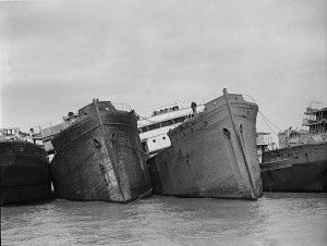 Wooden ships owned by Western Marine & Salvage tied together, likely on the Potomac or at Mallows Bay.
