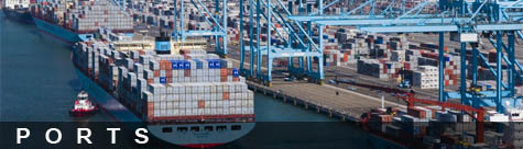 A cargo ship at a port.