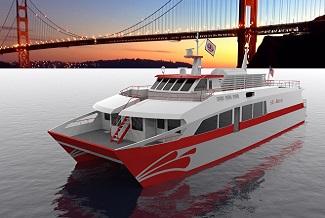 A ship sails under the Golden Gate Bridge.