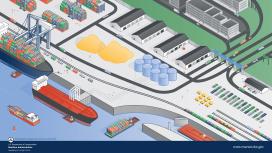 A picture of a ship at a port.